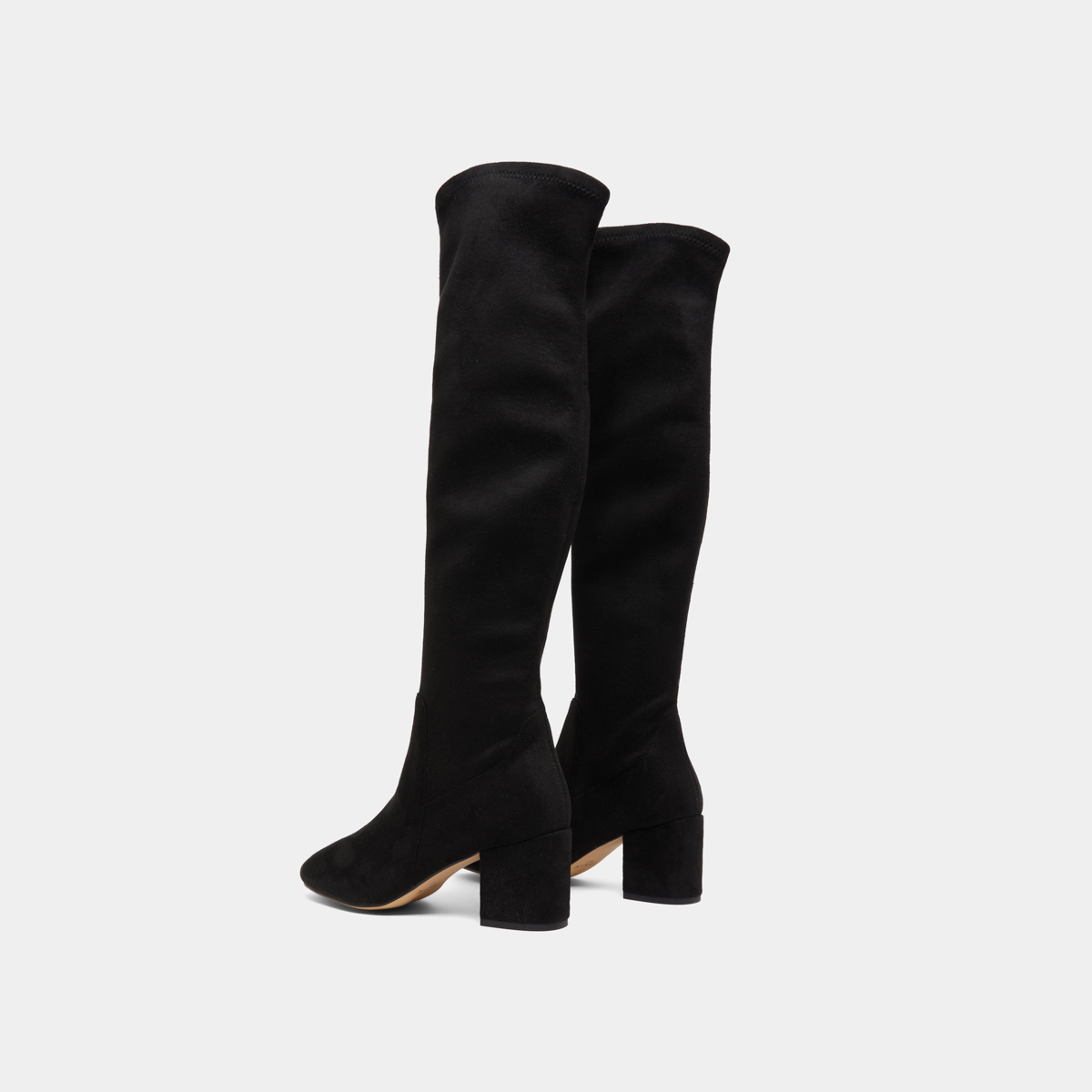 Thigh-high boots with low heels in black stretch and velvet | MIA