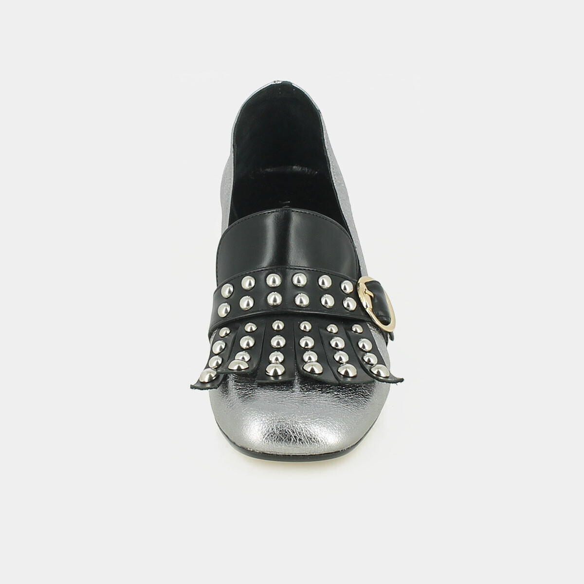 Metallic leather moccasins with fringed tab and cabochons | VICTOIRE