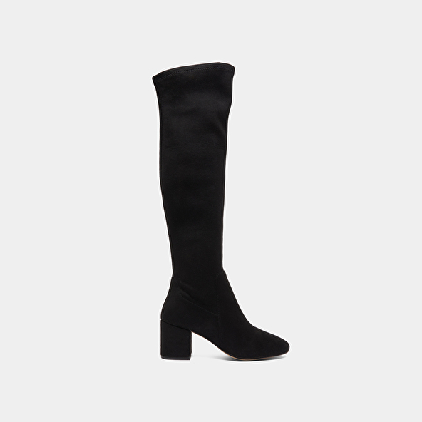 Thigh-high boots with low heels in black stretch and velvet | MIA