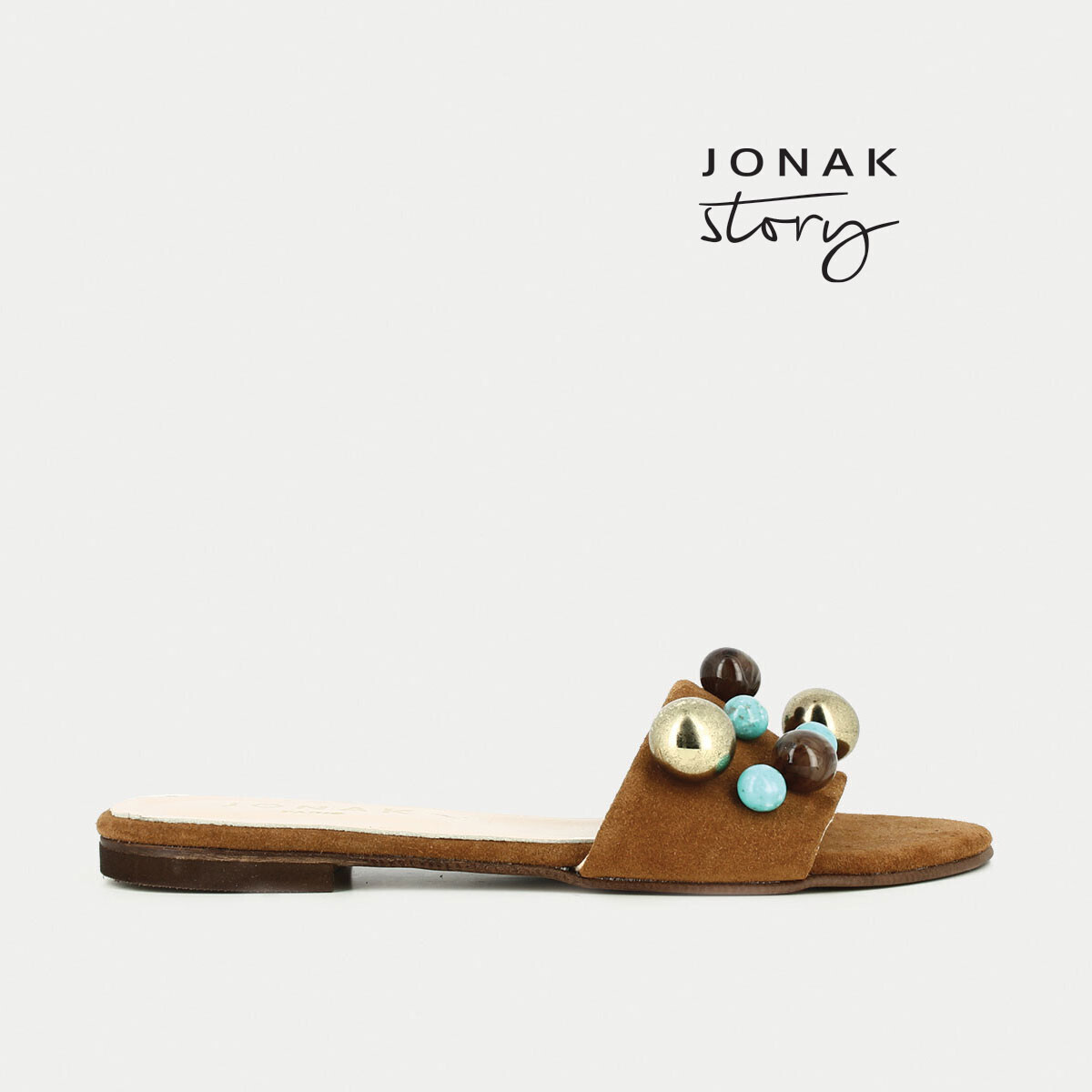 Flat mules in camel-coloured suede with beads | CHOUCHOU