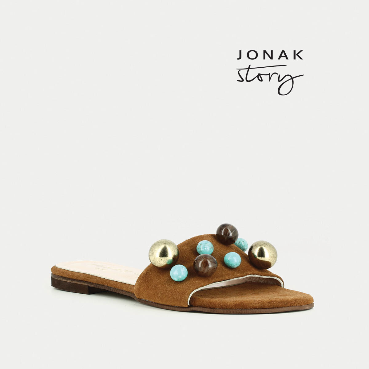 Flat mules in camel-coloured suede with beads | CHOUCHOU