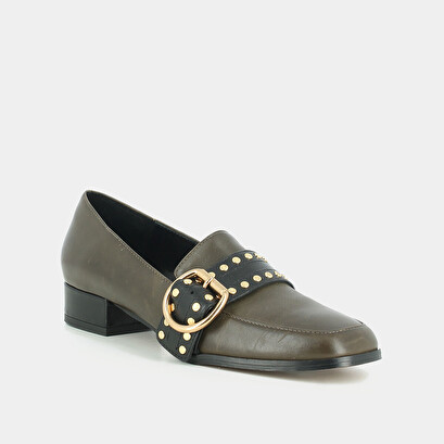 Low-heeled khaki leather khaki/black