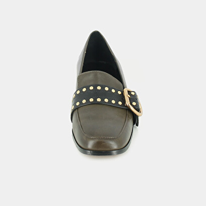 Low-heeled khaki leather khaki/black