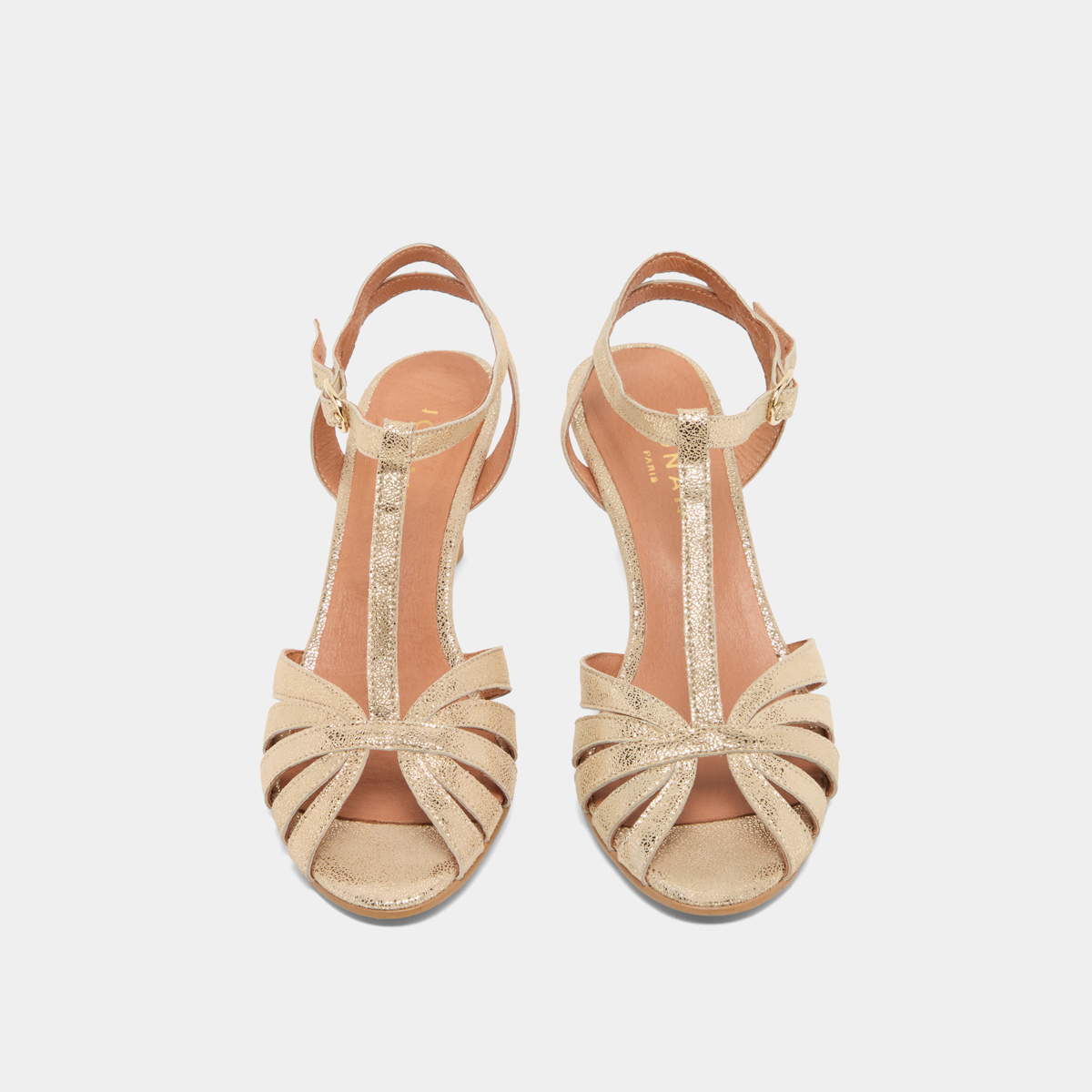 Strappy t-bar heels in platinum laminated suede | DOLIATE