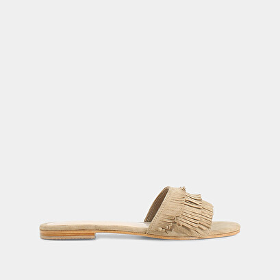 Beige suede mules with fringe | wendy