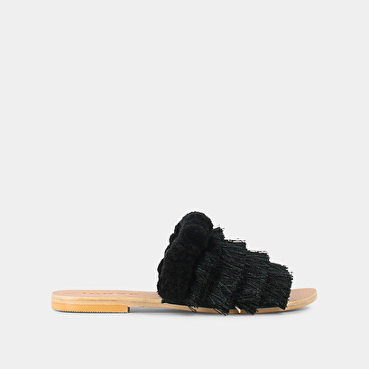 Black textile mules with fringe | joujou