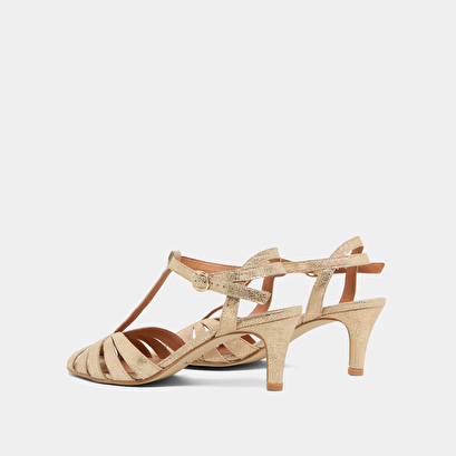 Strappy t-bar heels in platinum laminated suede | doliate