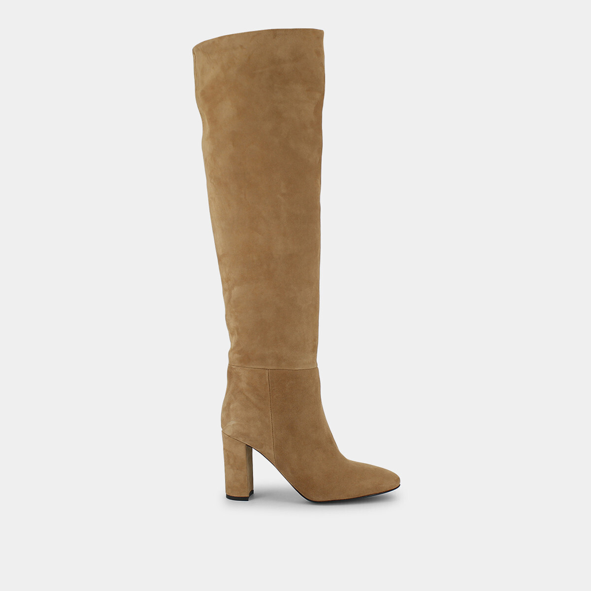 Thigh high boots with square heel in beige suede | CANVA