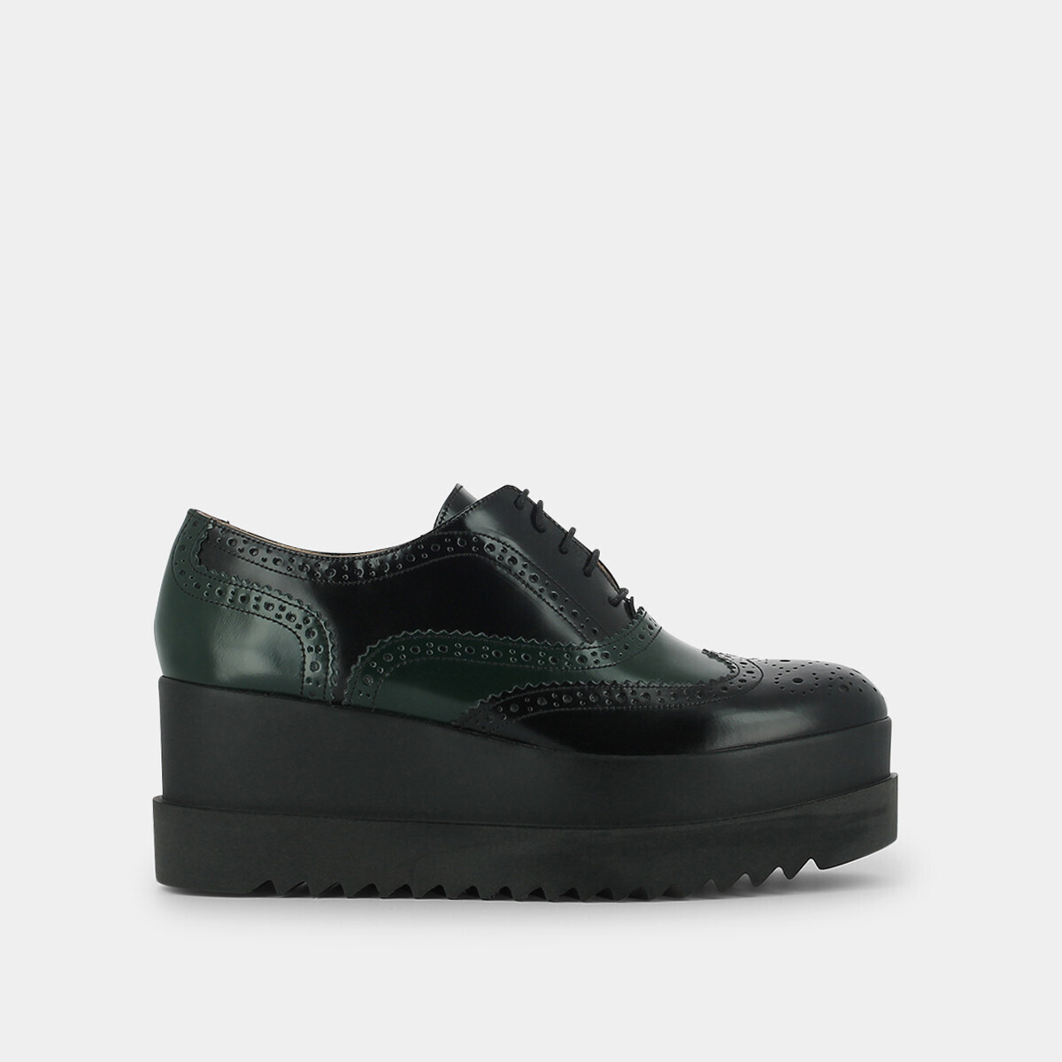 Derbies with thick platform in black and green leather | AMICO