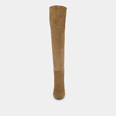 Thigh high boots with square heel in beige suede | canva