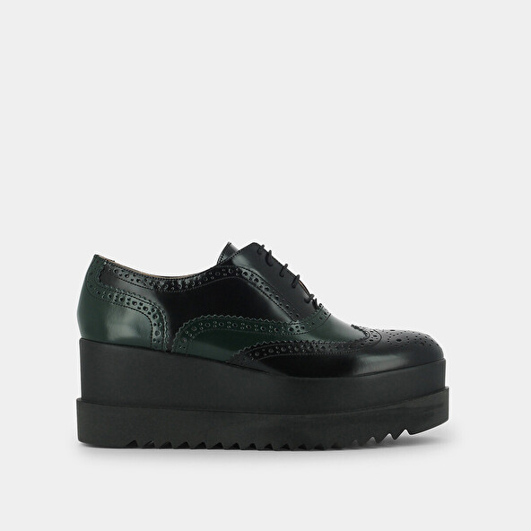 Derbies with thick platform in black and green leather | AMICO