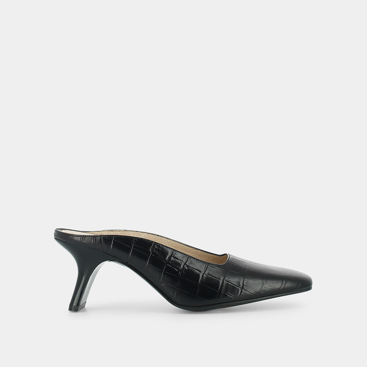 Mules with slanted heel in black crocodile skin | DJOHAN