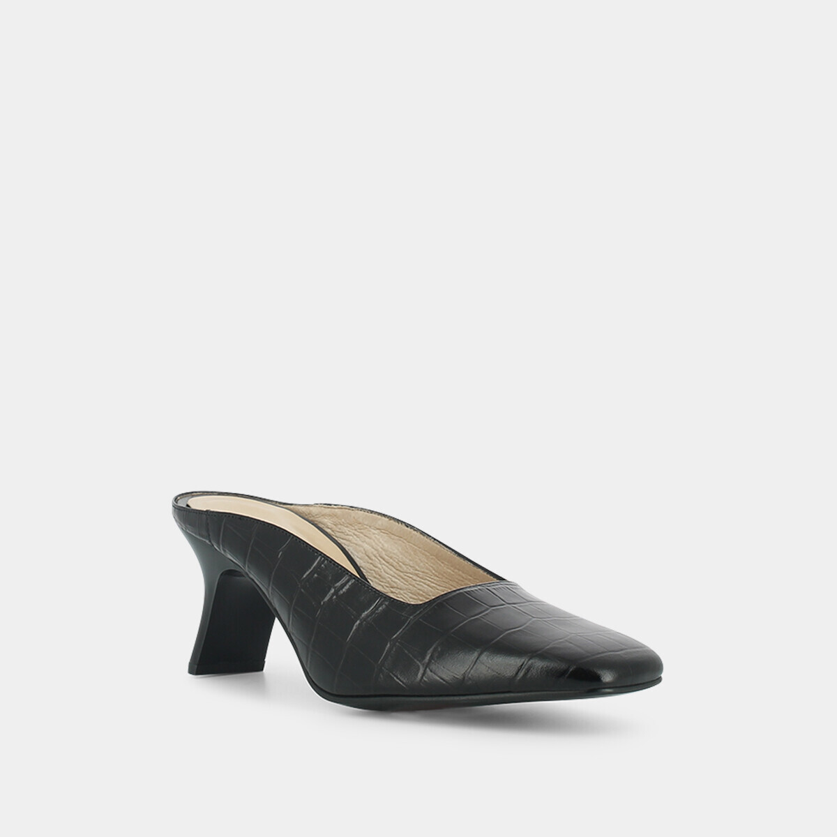 Mules with slanted heel in black crocodile skin | DJOHAN