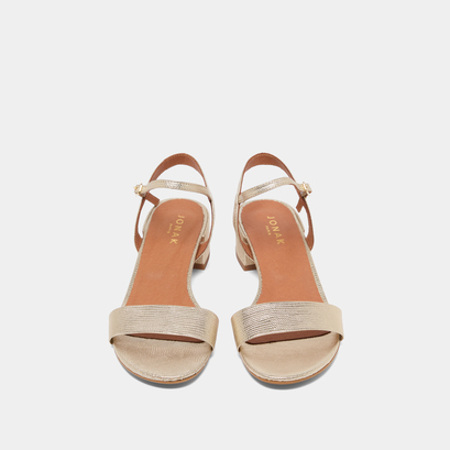 Sandals with square heel in gold snakeskin-effect | via