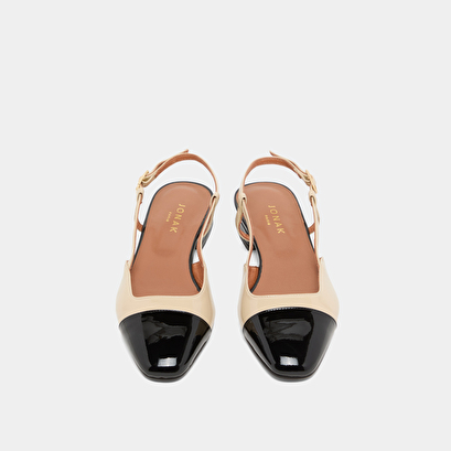 Open back ballet flats in black and beige patent leather | DHAPOU