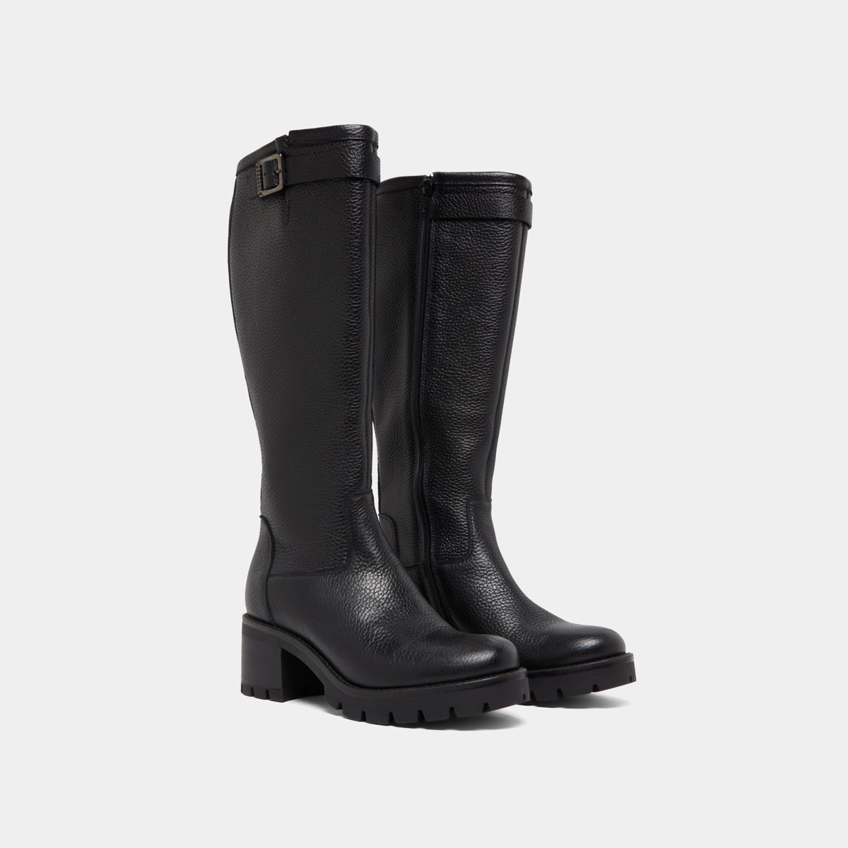 Bottes à semelles crantées et boucles in black grained leather | MIDAS
