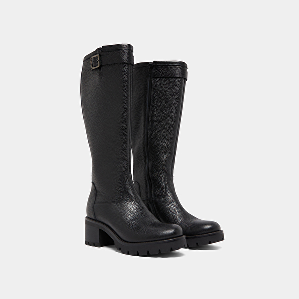 Bottes à semelles crantées et boucles in black grained leather | MIDAS