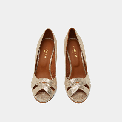 Open heels with crossed straps in laminated platinum velvet | dalby