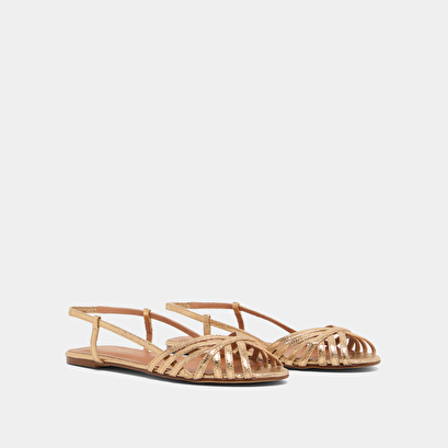 Open toe flat sandals in dark gold cracked leather | deluck