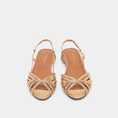 Open toe flat sandals in dark gold cracked leather | deluck