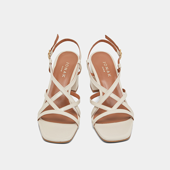 Square toe flanged heeled sandals in ecru leather | VERLAINE