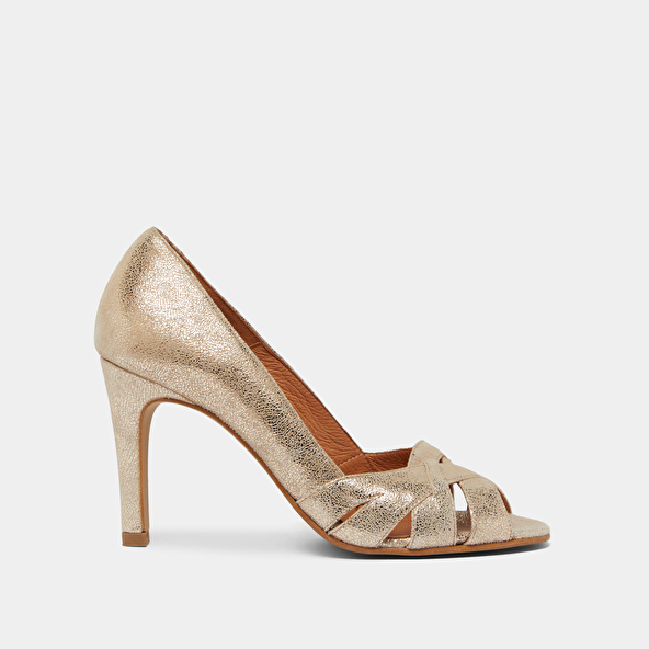 Open heels with crossed straps in laminated platinum velvet | DALBY