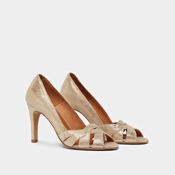 Open heels with crossed straps in laminated platinum velvet | DALBY