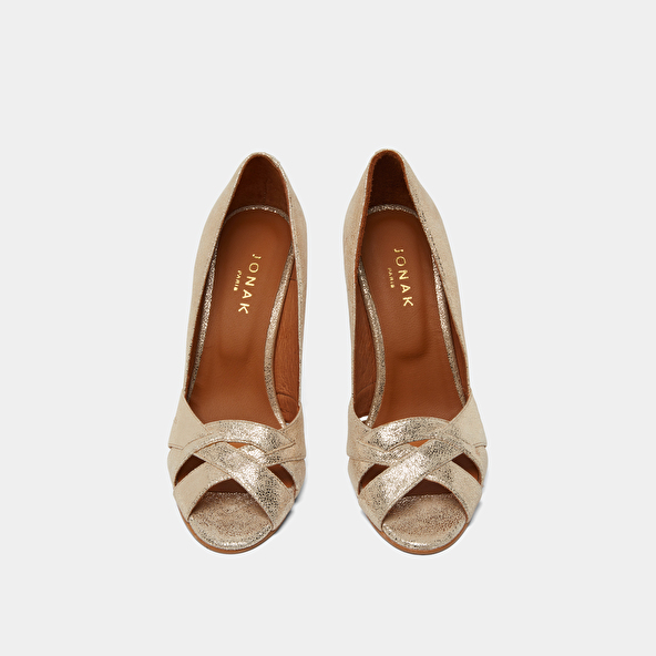 Open heels with crossed straps in laminated platinum velvet | DALBY