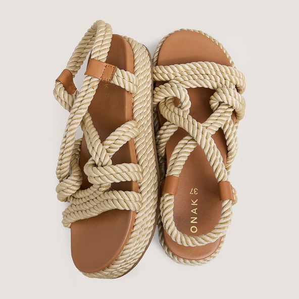 Sandals with cross-over straps in beige rope | WAEL