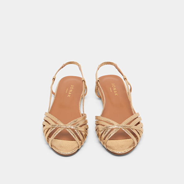Open toe flat sandals in dark gold cracked leather | DELUCK