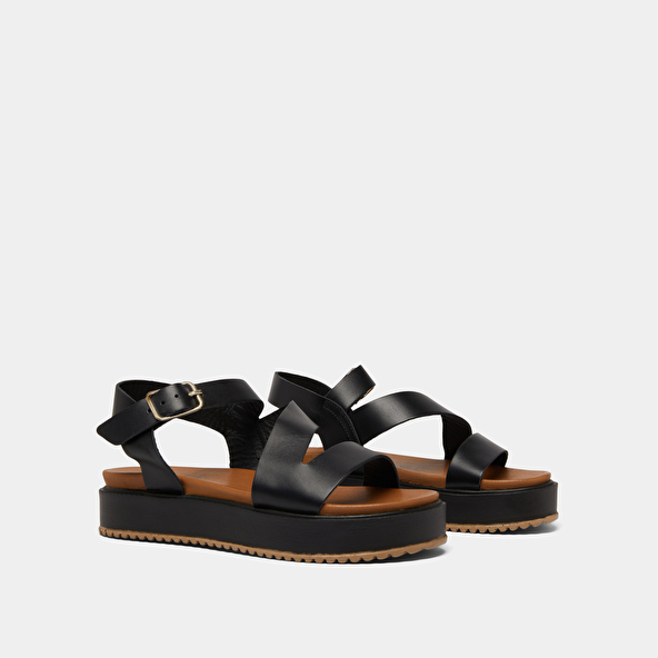 Platform sandals with straps in black leather | ISAURE