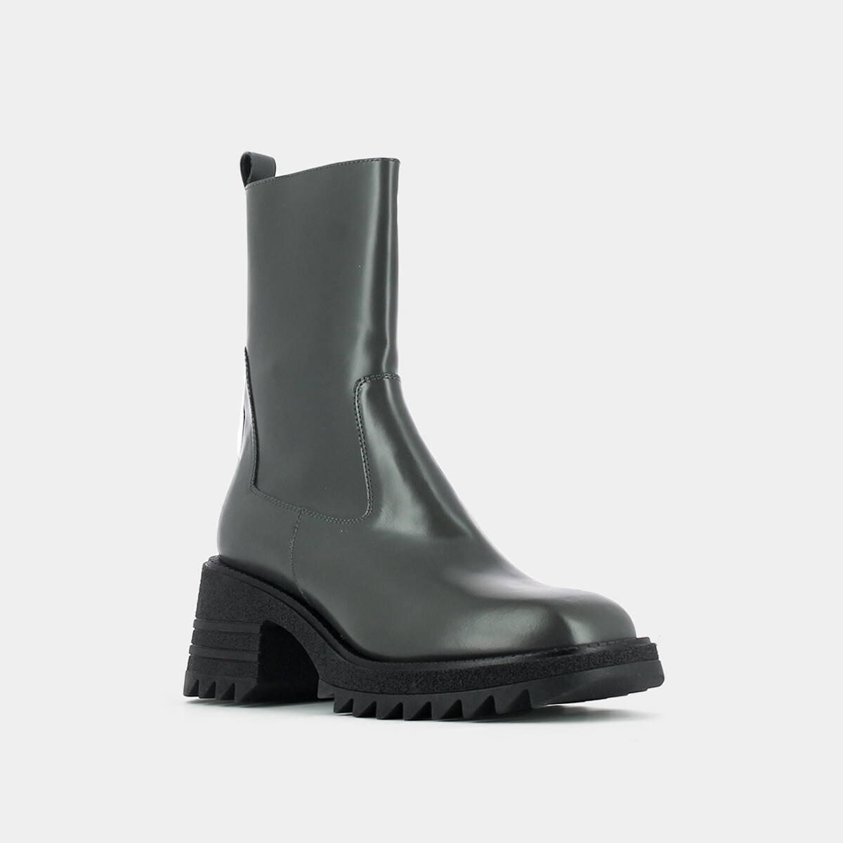 Ankle boots with heel and notched sole in anthracite glazed leather | DOVIA