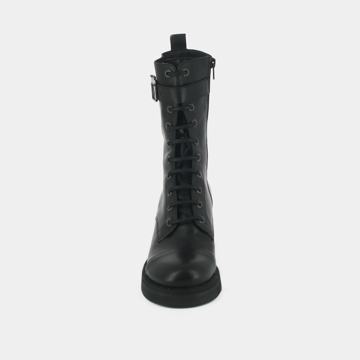 Lace-up ankle boots, heels and silver detail in black greased leather | ACONIT