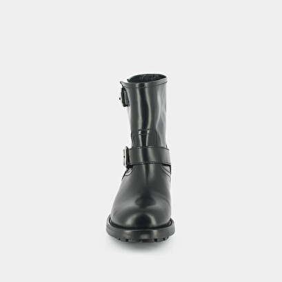 Shoelace boots, notched sole and silver buckle detail black glazed leather | divius