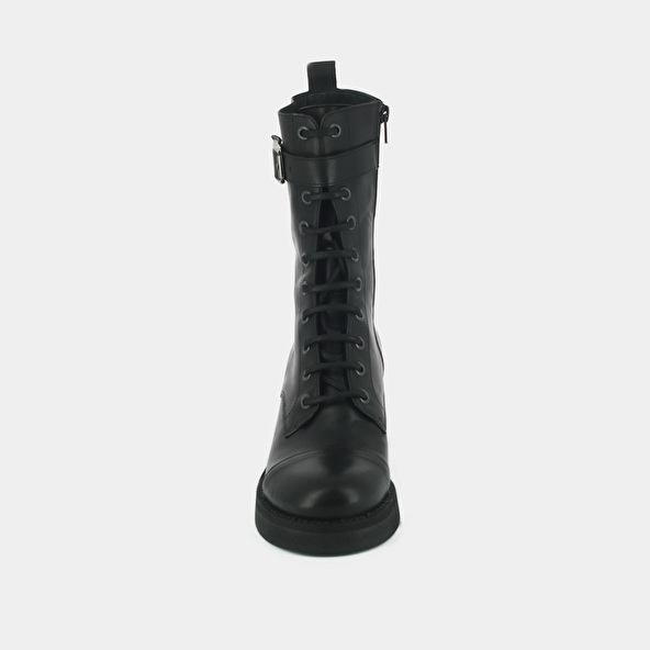 Lace-up ankle boots, heels and silver detail in black greased leather | ACONIT