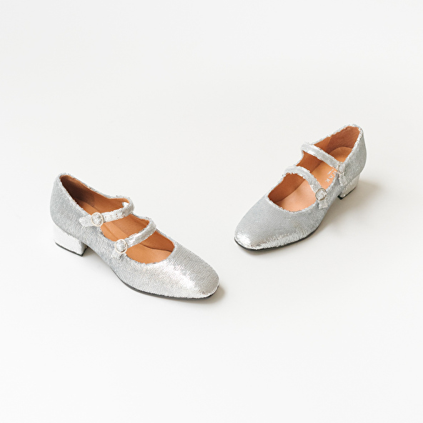 Babies with double buckles and heel in silver sequins | DOMI