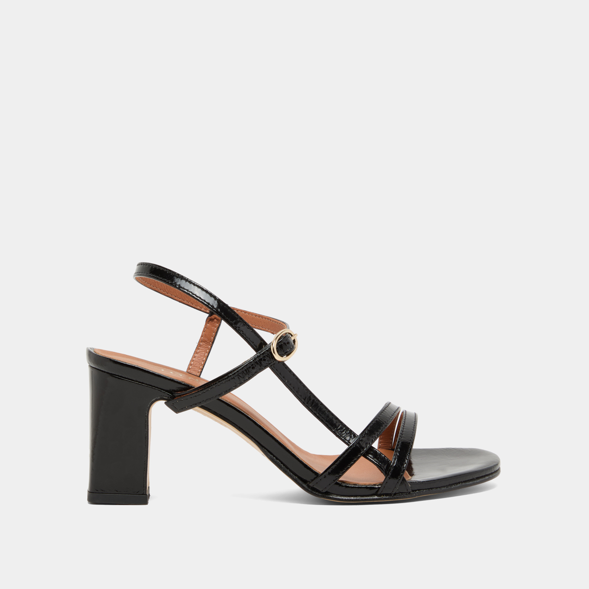 Sandals with heels and straps in black shiny leather | VICOMTE