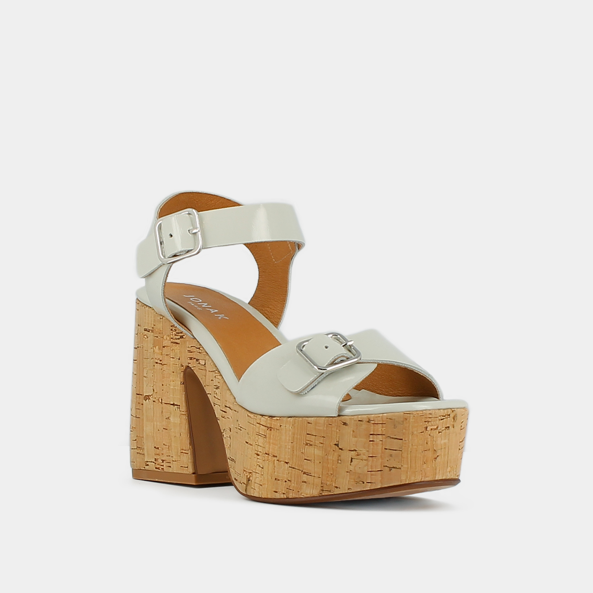 Buckle and platform sandals in glazed ecru leather | MATHILDE