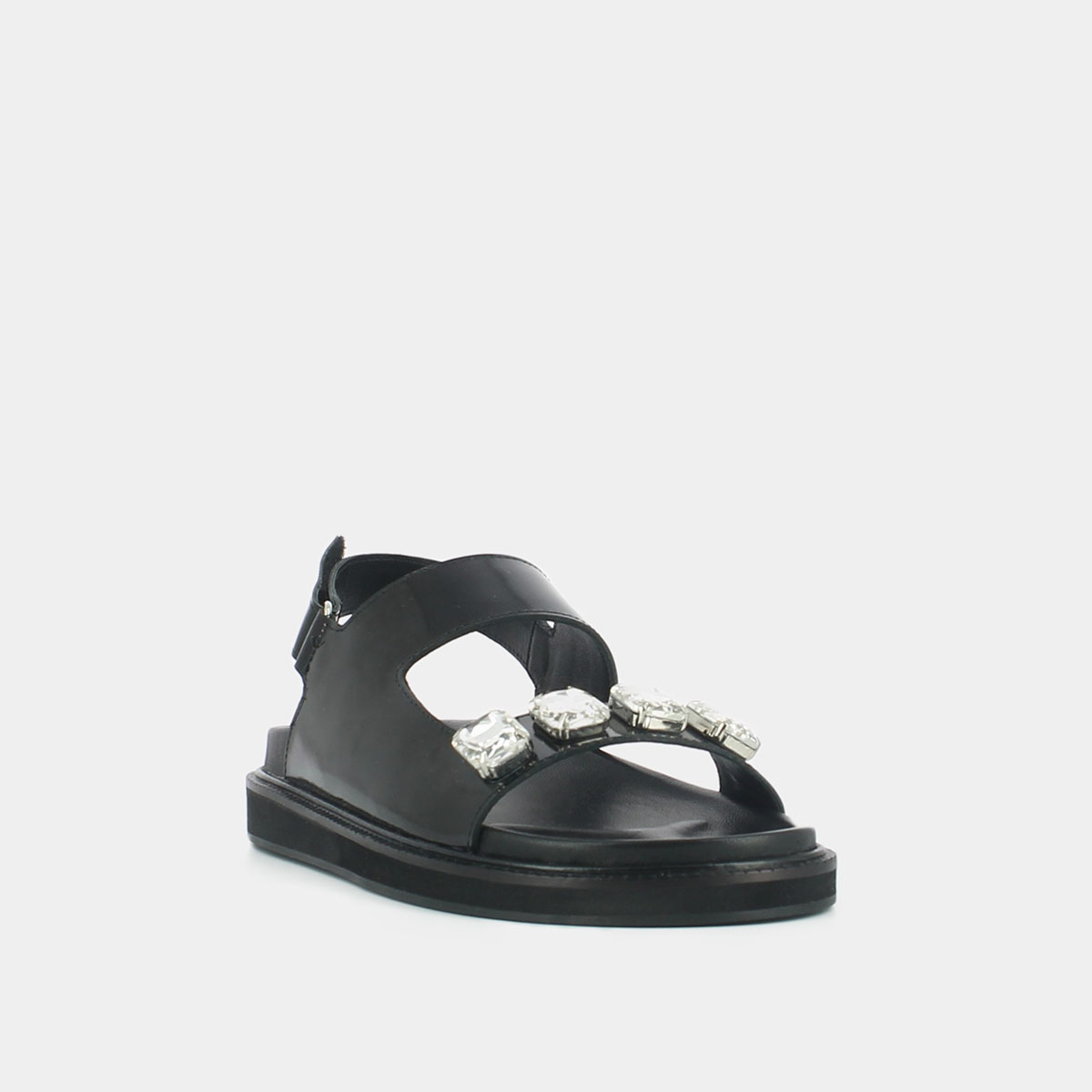 Open sandals with rhinestones in black shiny leather | WINTER