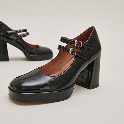 Babies with double straps and platform in black pleated patent | verite