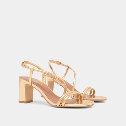 Sandals with heels and straps in gold metallic leather | vicente