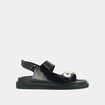 Open sandals with rhinestones in black shiny leather | winter
