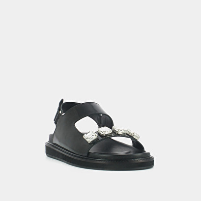 Open sandals with rhinestones in black shiny leather | winter