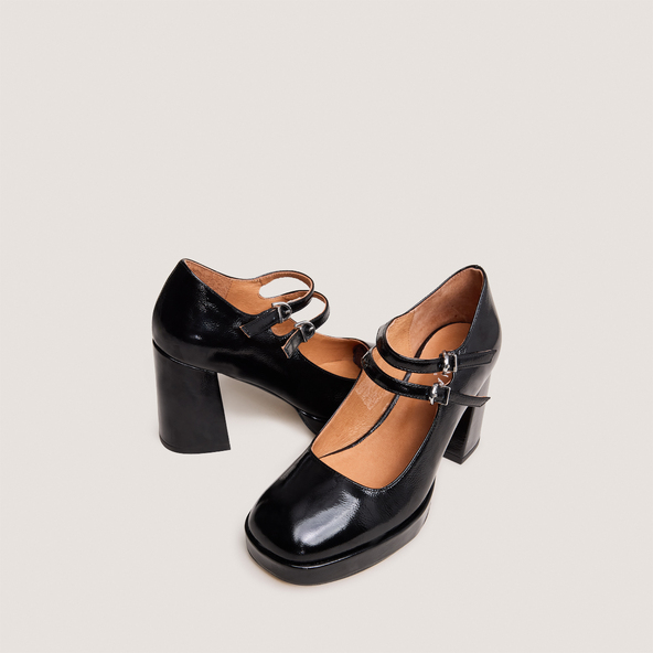 Babies with double straps and platform in black pleated patent | VERITE