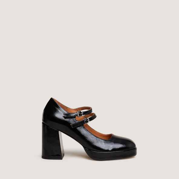 Babies with double straps and platform in black pleated patent | VERITE