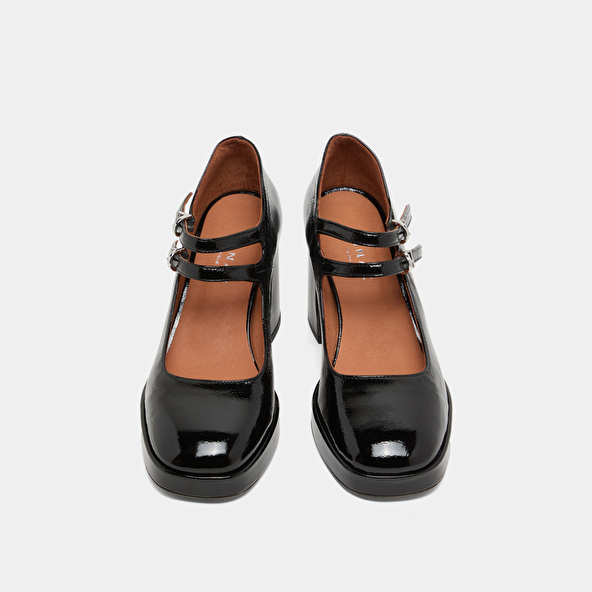 Babies with double straps and platform in black pleated patent | VERITE