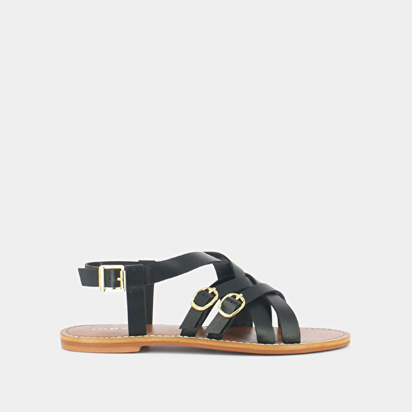 Flat sandals with woven soles in black leather | WOURY