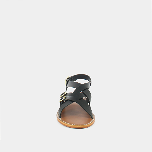 Flat sandals with woven soles in black leather | WOURY
