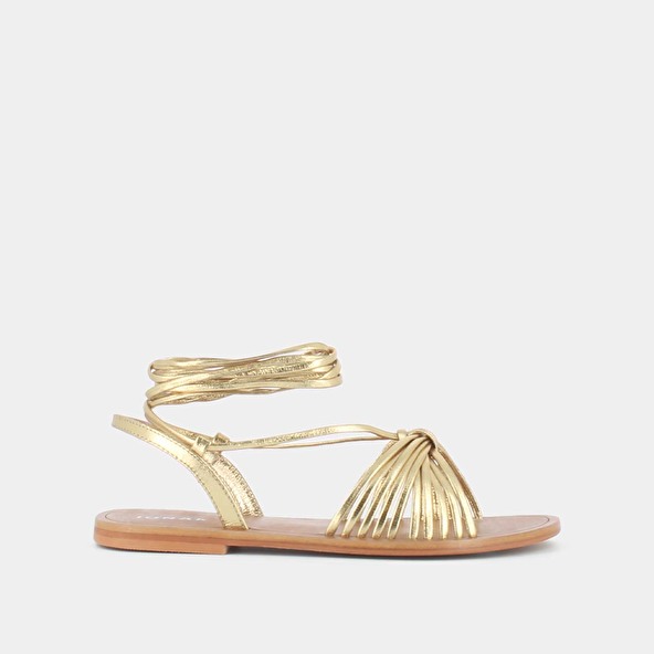 Sandals with ties in gold metallic leather | WALLEN