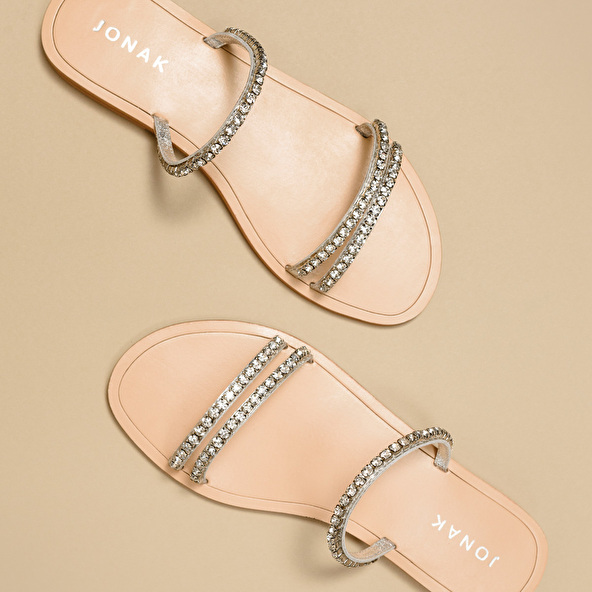 Mules with straps in leather and silver rhinestones | WHAT